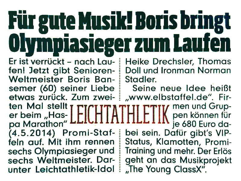 Artikel zur Elbstaffel in der Bildzeitungsausgabe vom 29.11.2013